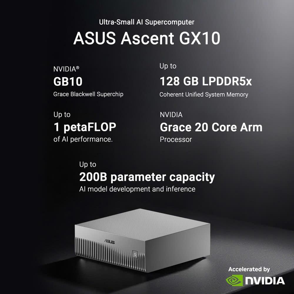 ASUS ASCENT GX10 - GB10 20 CORE - 128GB LPDDR5x - GPU NVIDIA  BLACKWELL - P/ AGENTES IA - INTERLIGENCIA ARTIFICIAL - IA SUPERCOMPUTADORA GX10-GG0010BN