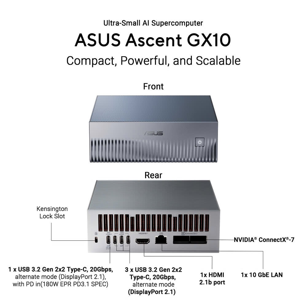 ASUS ASCENT GX10 - GB10 20 CORE - 128GB LPDDR5x - GPU NVIDIA  BLACKWELL - P/ AGENTES IA - INTERLIGENCIA ARTIFICIAL - IA SUPERCOMPUTADORA GX10-GG0010BN